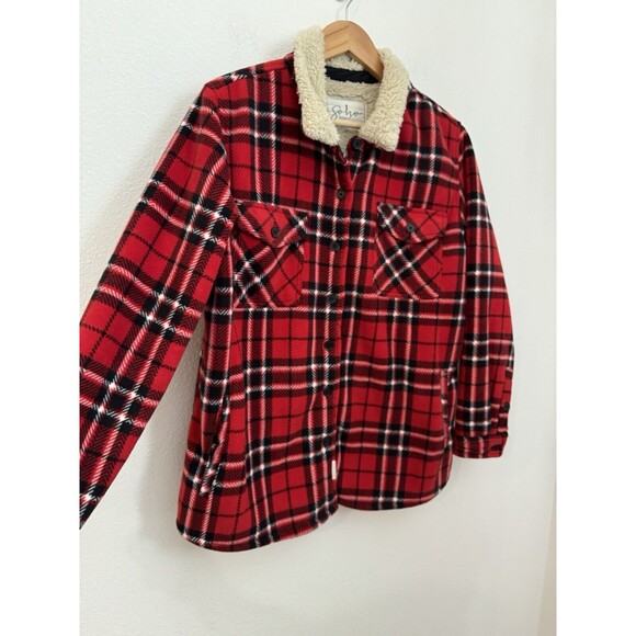 Soho Threads Shacket Womens Large Red Plaid Sherpa Lined Pockets Shirt Jacket - Picture 2 of 5